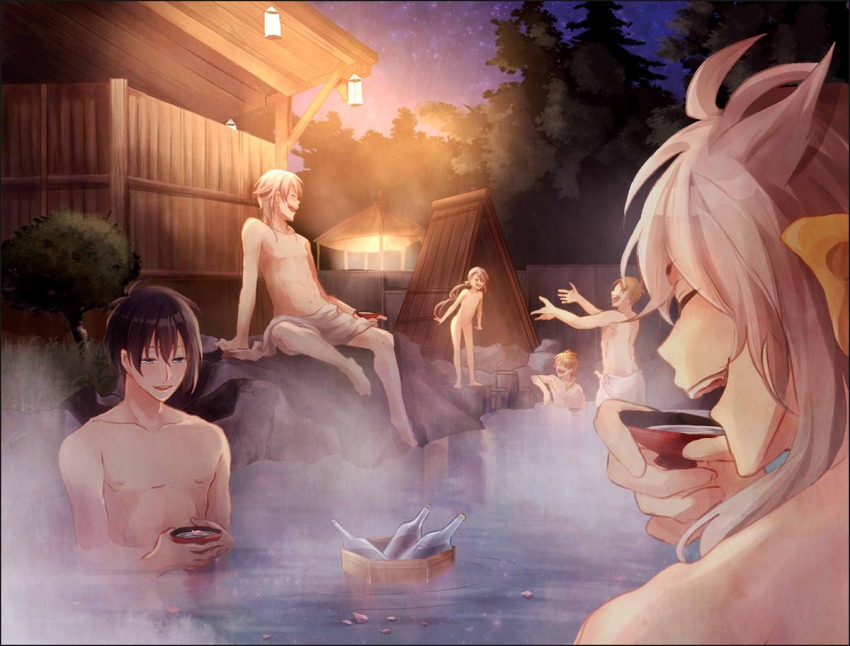 10s, 6+boys, bad_id, bad_pixiv_id, bathing, black_hair, blonde_hair, blue_eyes