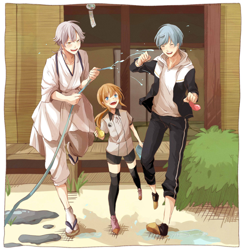 10s, 3boys, :d, ^_^, bad_id, bad_pixiv_id, black_legwear, blonde_hair