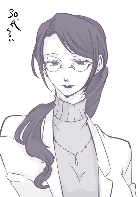 1girl, age_progression, aged_up, female_focus, glasses, lab_coat, lipstick, makeup
