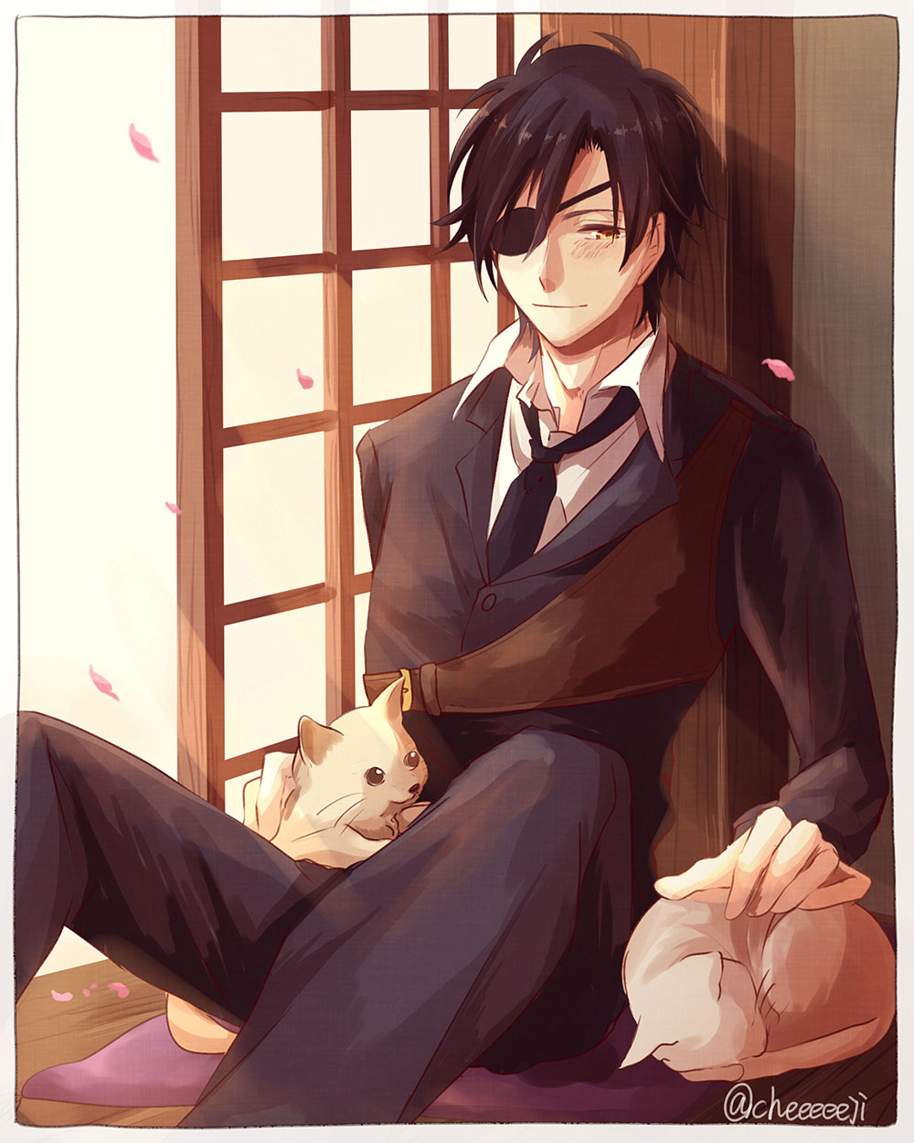 10s, 1boy, bad_id, bad_pixiv_id, black_hair, cat, cheji, eyepatch