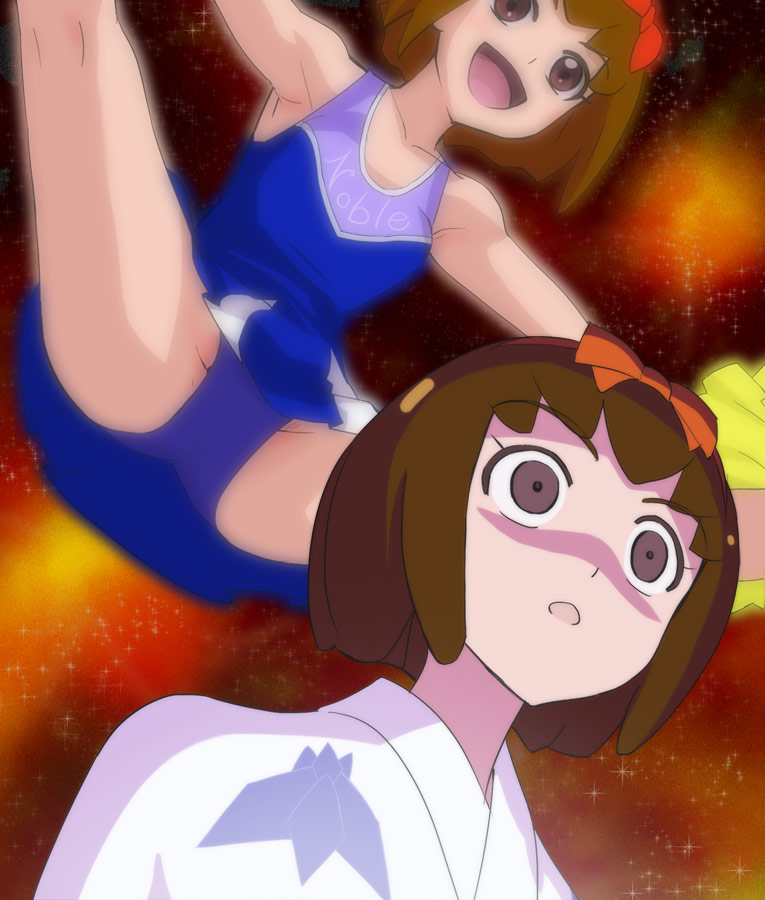 1girl, :d, bow, brown_eyes, brown_hair, empty_eyes, female_focus, go!_princess_precure, gradient_background, hair_bow, haruyama_kazunori, kanou_sayaka, open_mouth, precure, short_hair, smile, solo, spread_legs