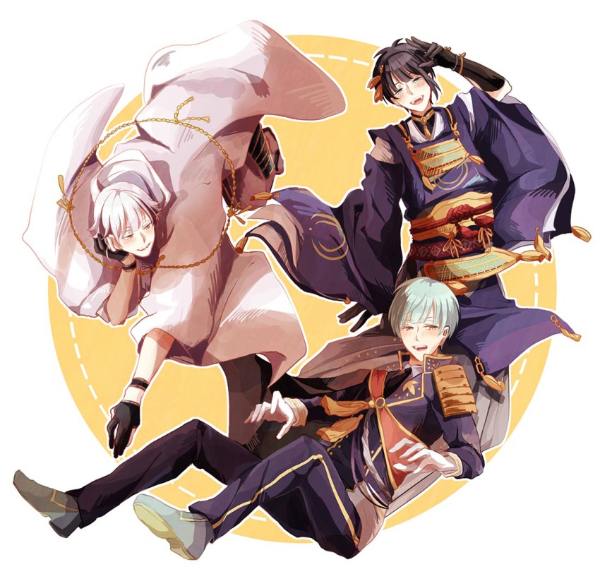 10s, 3boys, armor, bad_id, bad_pixiv_id, black_gloves, black_hair, blue_eyes