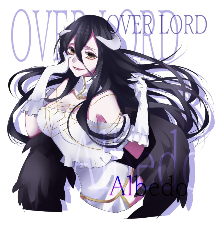 1girl, albedo_(overlord), bad_id, bad_pixiv_id, black_feathers, black_hair, breasts, clothing_cutout, demon_girl, feathers, female_focus, hair_between_eyes, highres, hip_vent, horns, huge_breasts, long_hair, looking_at_viewer, low_wings, marina1217, overlord_(maruyama), simple_background, solo, wings, yellow_eyes
