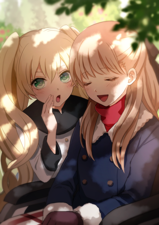 2girls, :d, :o, bad_id, bad_pixiv_id, blonde_hair, blurry, blush