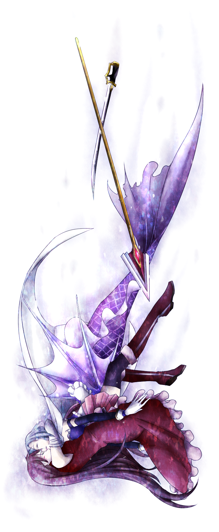 10s, 2girls, blue_hair, boots, closed_eyes, falling, gradient_background, highres