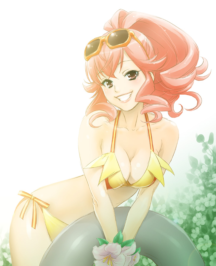 1girl, adapted_costume, anna_(fire_emblem), anna_(fire_emblem_awakening), bikini, breasts, cleavage, collarbone, eyewear_on_head, female_focus, fire_emblem, fire_emblem_awakening, flower, gradient_background, grin, hibiscus, leaf, long_hair, looking_at_viewer, nintendo, red_eyes, red_hair, ribbon, side-tie_bikini_bottom, smile, solo, striped_ribbon, sunglasses, swimsuit, tuqi_pix, yellow_bikini