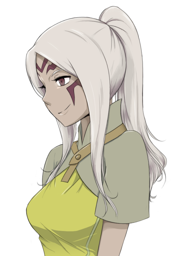 1girl, alternate_hairstyle, aversa_(fire_emblem), facial_mark, female_focus, fire_emblem, fire_emblem_awakening, forehead_mark, hair_up, lithety, long_hair, nintendo, ponytail, purple_eyes, short_sleeves, sidelocks, sideways_mouth, smile, solo, swept_bangs, transparent_background, upper_body