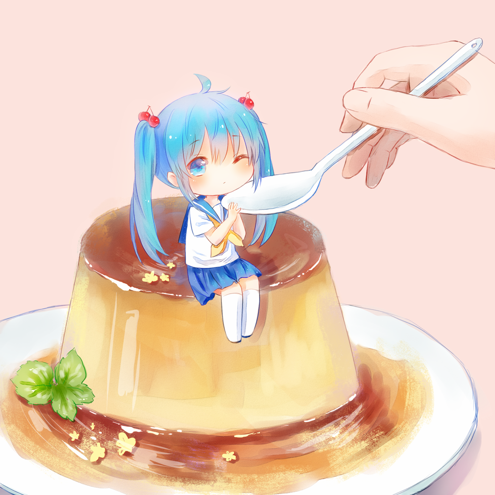 1girl, ahoge, blue_eyes, blue_hair, chibi, food, hatsune_miku, in_food, kneehighs, long_hair, mini_person, minigirl, necktie, one_eye_closed, pink_background, pudding, school_uniform, serafuku, simple_background, sitting, socks, solo_focus, spoon, twintails, very_long_hair, vocaloid, white_socks, yumo_(mimengfeixue)