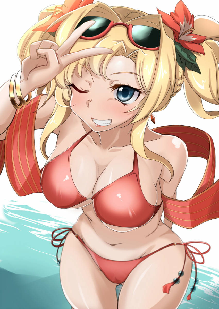 10s, 1girl, arm_behind_back, bikini, blonde_hair, blue_eyes, blush, breasts