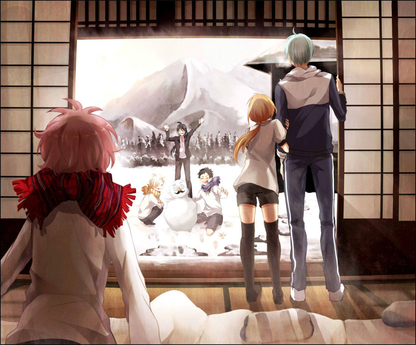 10s, 6+boys, akita_toushirou, arm_hug, atsushi_toushirou, awataguchi_family_(touken_ranbu), bad_id, bad_pixiv_id, black_hair, black_legwear, blonde_hair, blue_hair, cheji, closed_eyes, from_behind, glasses, gokotai, groucho_glasses, highres, ichigo_hitofuri, male_focus, midare_toushirou, multiple_boys, namazuo_toushirou, open_mouth, pink_hair, ponytail, scarf, shorts, smile, snow, snowball, snowman, thighhighs, touken_ranbu, tsujin_bohboh, winter