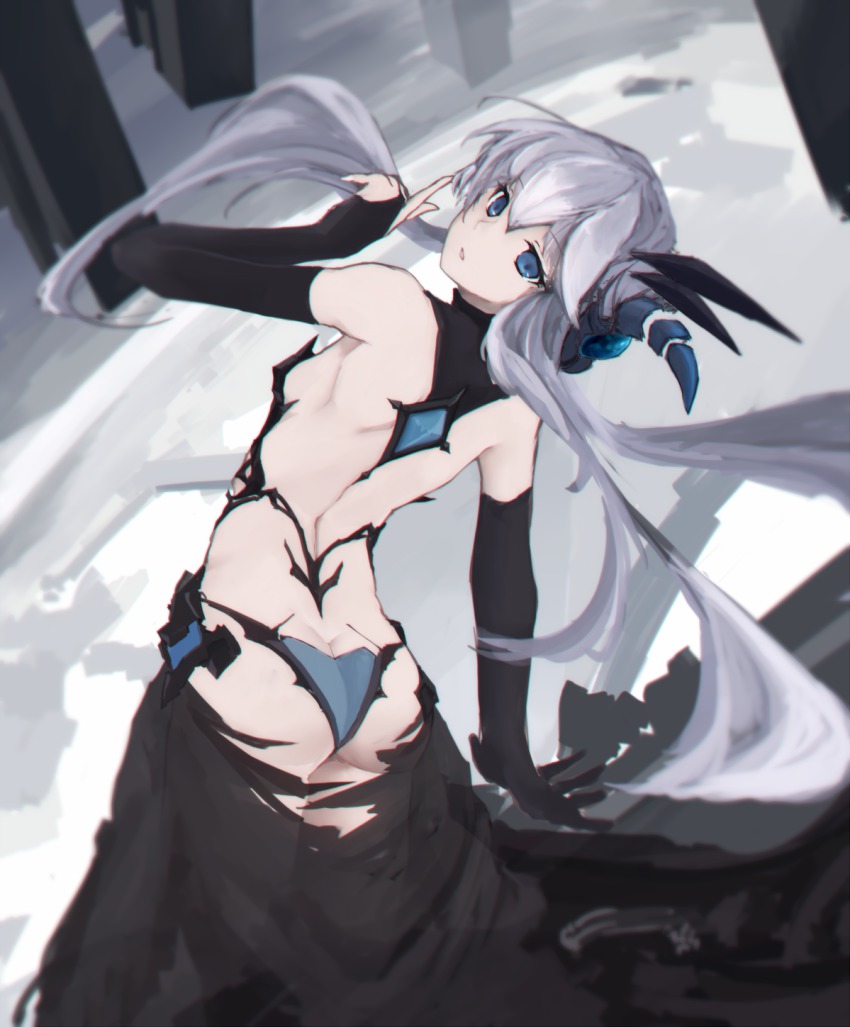1girl, ass, black_gloves, blue_eyes, butt_crack, character_request, chromatic_aberration, elbow_gloves