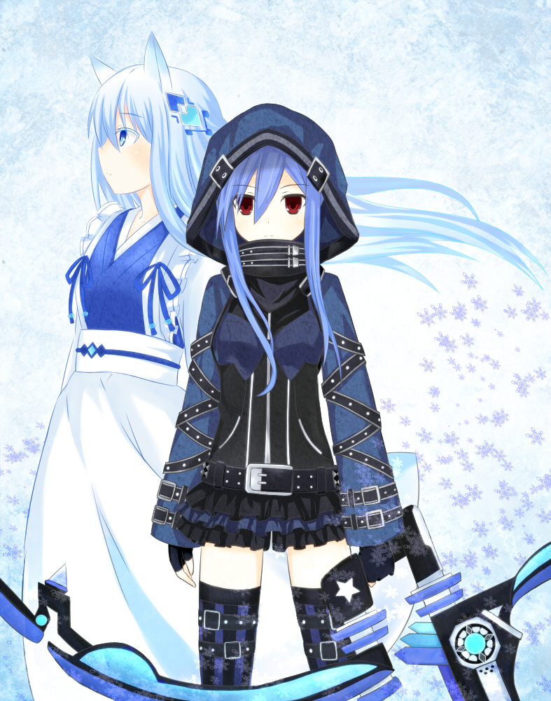 2girls, animal_ears, blue_eyes, blue_hair, bow, effole_(fairy_fencer_f), ethel_(fairy_fencer_f), fairy_fencer_f