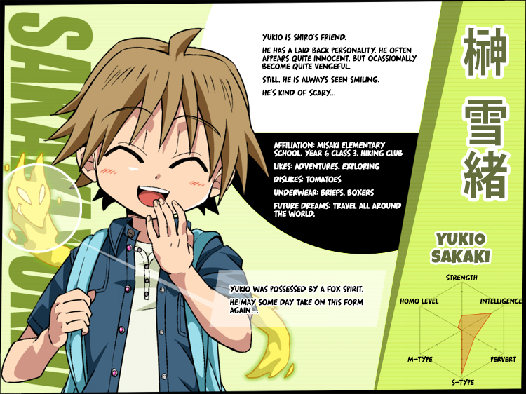 1boy, character_profile, child, closed_eyes, kiriya_gymno, kitsune, male_focus, possession, sakaki_yukio, school_boys!, solo, striped_background