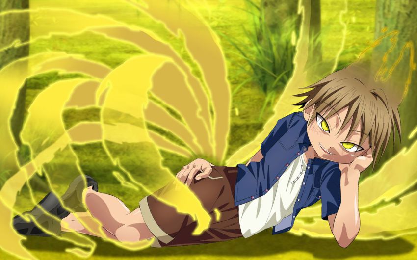 1boy, animal_ears, child, fox_ears, kiriya_gymno, kitsune, male_focus, multiple_tails, possession, sakaki_yukio, school_boys!, solo, tail