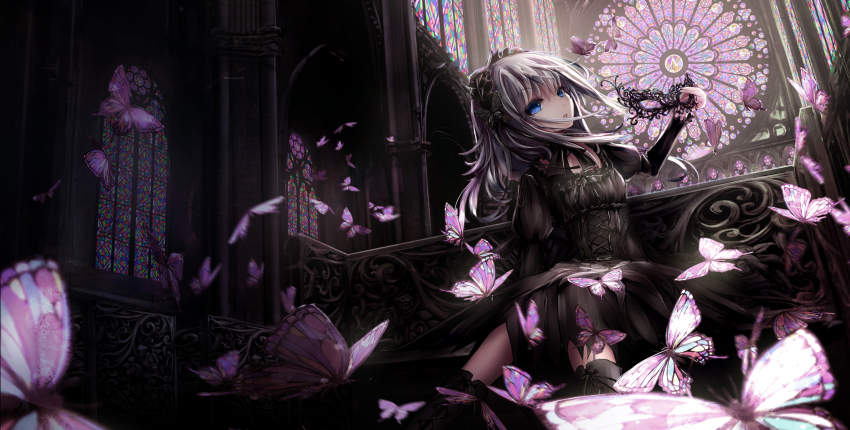 1girl, :o, absurdres, arch, architecture, bench, black_dress, black_thighhighs