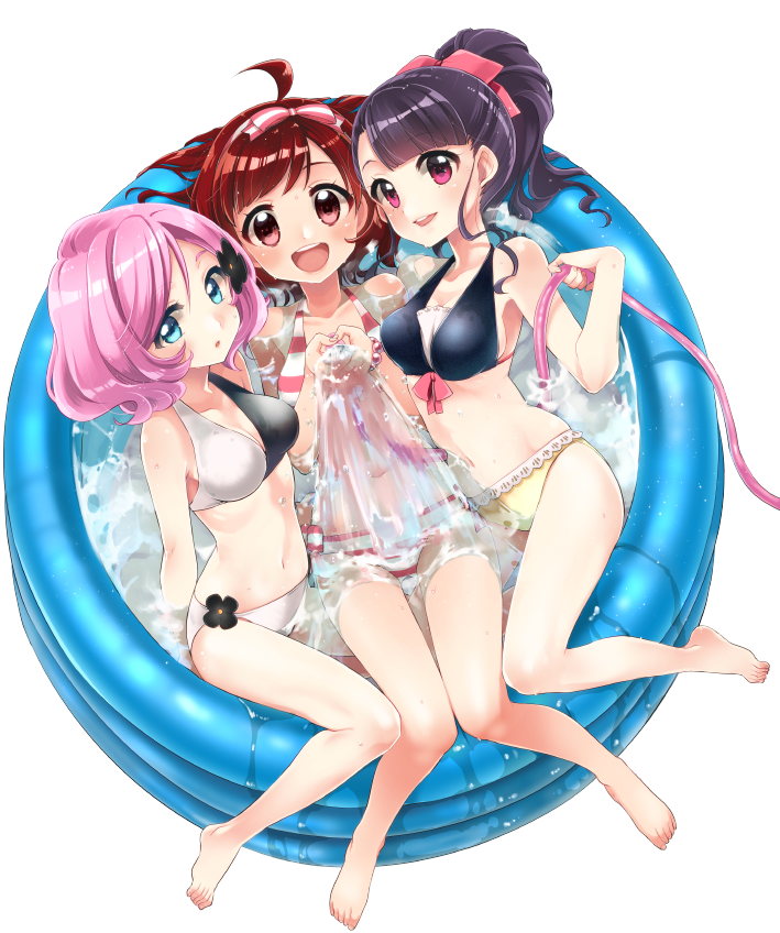 3girls, :d, ahoge, barefoot, bikini, black_hair, blue_eyes, blush