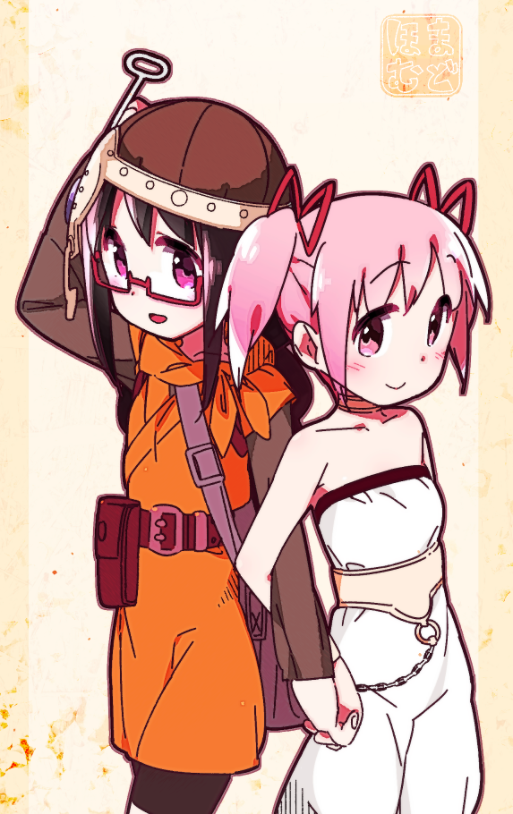 2girls, akemi_homura, black_hair, braid, chrono_(series), chrono_trigger, cosplay, glasses