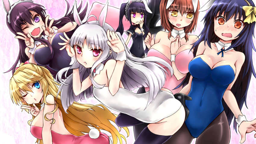 10s, 6+girls, absolute_duo, animal_ears, ass, back, bare_shoulders, between_breasts, black_hair, blonde_hair, blue_eyes, blue_hair, blush, breasts, brown_eyes, brown_hair, cleavage, detached_collar, fake_animal_ears, flat_chest, gradient_background, hair_ornament, hairband, high_heels, highres, hotaka_miyabi, large_breasts, lilith_bristol, long_hair, looking_at_viewer, multiple_girls, navel, one_eye_closed, open_mouth, pantyhose, pink_eyes, playboy_bunny, purple_eyes, purple_hair, rabbit_ears, rabbit_tail, ribbon, shoes, short_hair, sideboob, smile, tachibana_tomoe_(absolute_duo), tail, thighhighs, tsukimi_rito, tsukumo_sakuya, twintails, v, white_hair, wink, wrist_cuffs, yellow_eyes, yurie_sigtuna