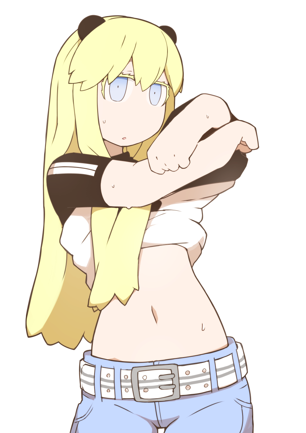 1girl, belt, blonde_hair, blue_eyes, colored_eyelashes, denim, female_focus, hen_zemi