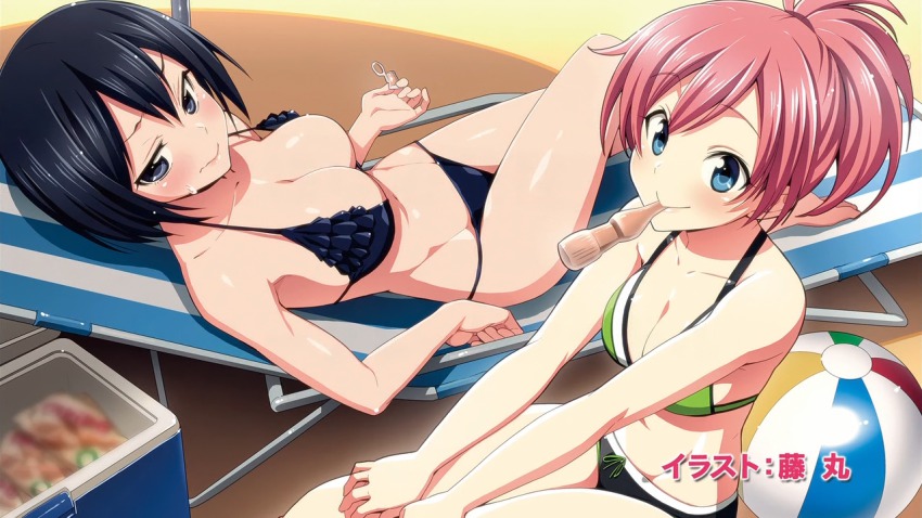 10s, 2girls, aqua_eyes, ball, beachball, bikini, black_eyes, black_hair
