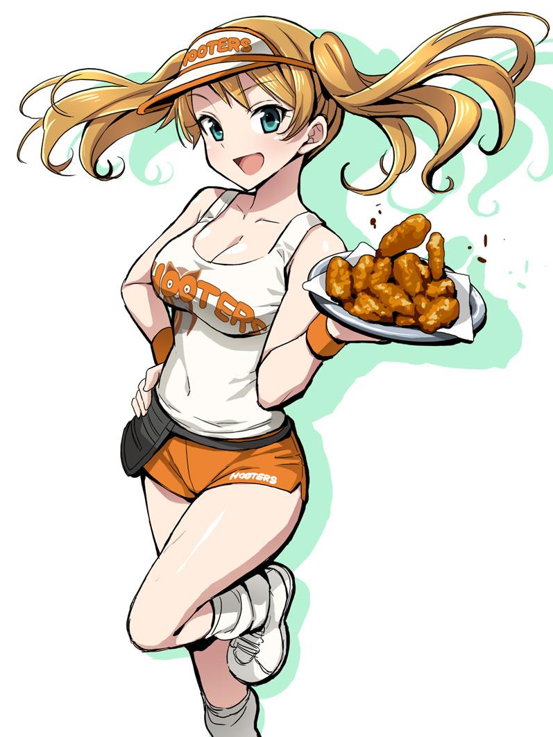 10s, 1girl, :d, breasts, brown_hair, cleavage, covered_navel, employee_uniform, female_focus, food, fujimaru_(bluebrand), green_eyes, hand_on_own_hip, hooters, jennifer_(love_live!), jpeg_artifacts, large_breasts, leg_up, love_live!, love_live!_school_idol_festival, love_live!_school_idol_project, missing_legwear, open_mouth, plate, product_placement, shoes, short_shorts, shorts, simple_background, smile, socks, solo, visor_cap, waitress