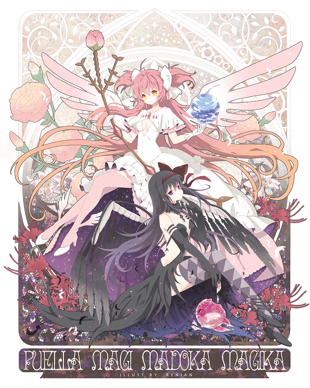 10s, akemi_homura, akuma_homura, art_nouveau, black_hair, border, bow, bow_(weapon)