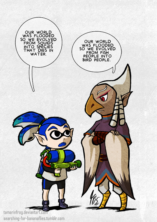 2boys, beak, company_connection, crossover, gradient_background, ink_tank_(splatoon), inkling, inkling_boy, inkling_player_character, layered_sleeves, long_sleeves, multiple_boys, nintendo, parody, pointy_ears, quill_(zelda), short_over_long_sleeves, short_sleeves, splatoon_(series), splatoon_1, splattershot_(splatoon), style_parody, tamarinfrog, tentacle_hair, the_legend_of_zelda, the_legend_of_zelda:_the_wind_waker
