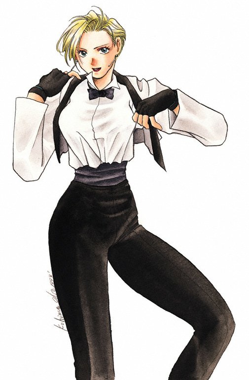 1girl, :d, androgynous, black_gloves, blonde_hair, blue_eyes, bow, bowtie