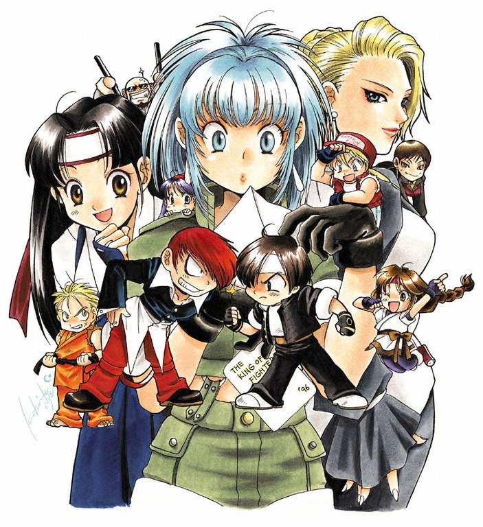 5boys, 6+girls, angry, asamiya_athena, belt, black_hair, blonde_hair, blue_hair