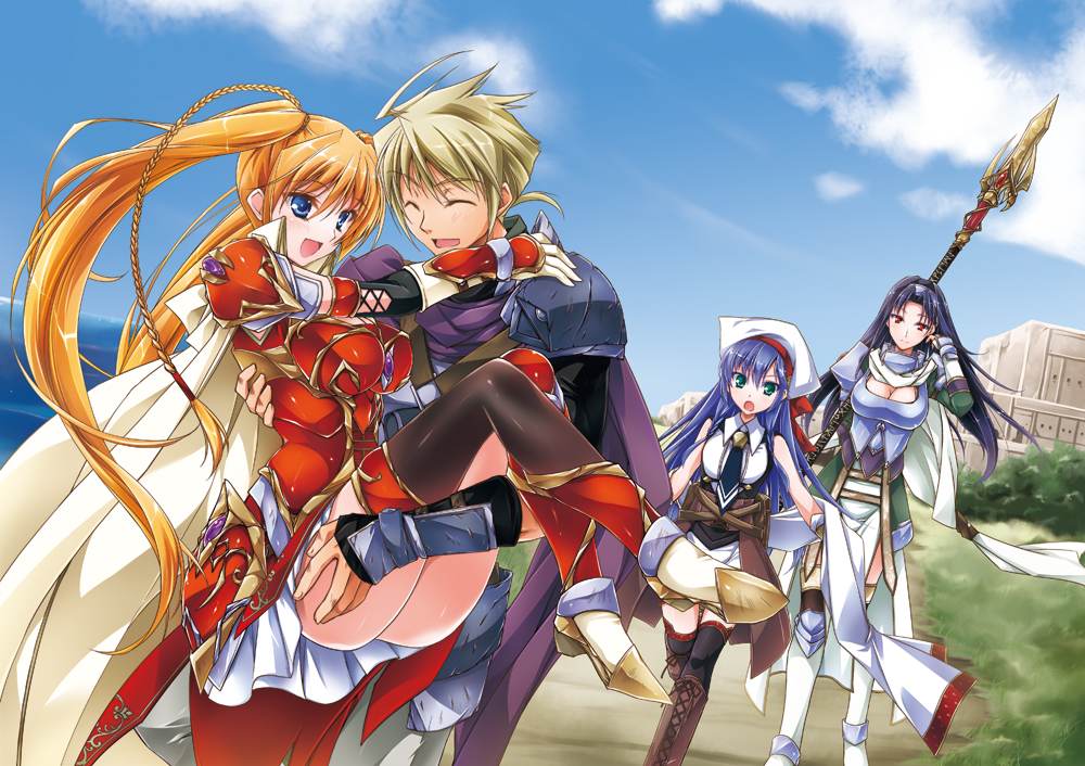 1boy, 3girls, amarach_(sen_no_maken), armor, asio_(asiogimuto), bad_id, bad_pixiv_id, blonde_hair, blue_eyes, blue_hair, cape, carrying, elicia_(sen_no_maken), green_eyes, hat, long_hair, multiple_girls, nagi_(sen_no_maken), official_art, phil_(sen_no_maken), polearm, princess_carry, purple_hair, red_eyes, sen_no_maken_to_tate_no_otome, sky, thighhighs, twintails, very_long_hair, weapon