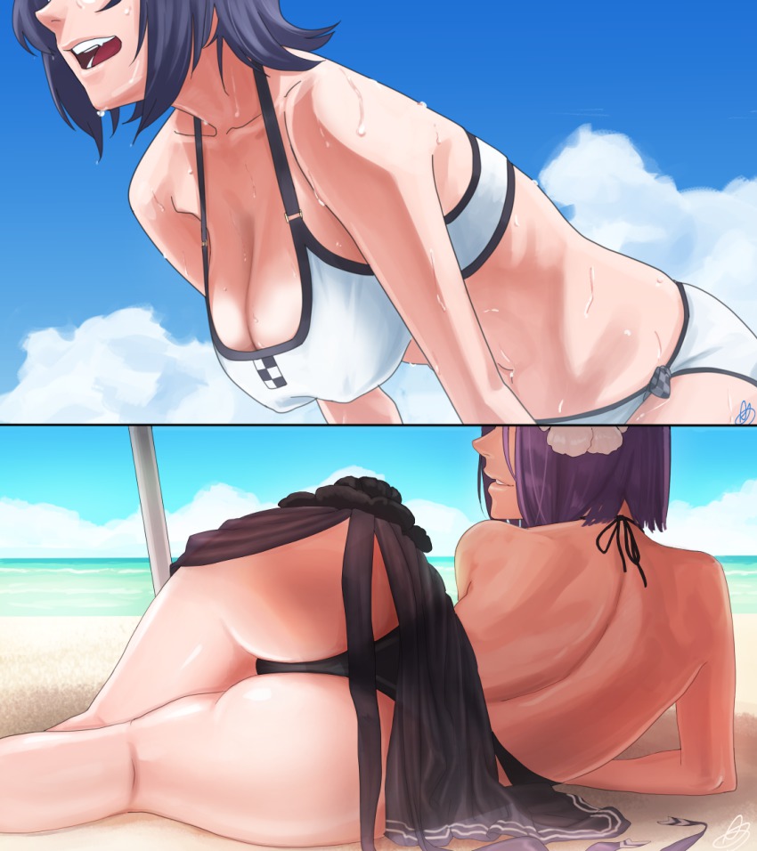 10s, 2girls, amino, amino_(tn7135), ass, back, bad_anatomy, beach, bikini, breasts, cleavage, covered_erect_nipples, curvy, day, flower, hair_flower, hair_ornament, hanging_breasts, head_out_of_frame, highres, kantai_collection, large_breasts, lying, multiple_girls, ocean, on_side, open_mouth, outdoors, parted_lips, purple_hair, sand, sarong, shade, short_hair, sky, sweat, swimsuit, tatsuta_(kancolle), tatsuta_(swimsuit)_(kancolle), tenryuu_(kancolle), tenryuu_(swimsuit)_(kancolle), water, wet, wide_hips