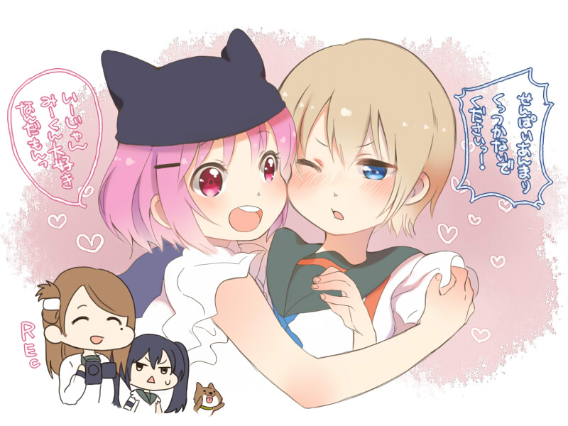 10s, 4girls, :<, :d, animal_hat, bad_id, bad_pixiv_id, black_hair