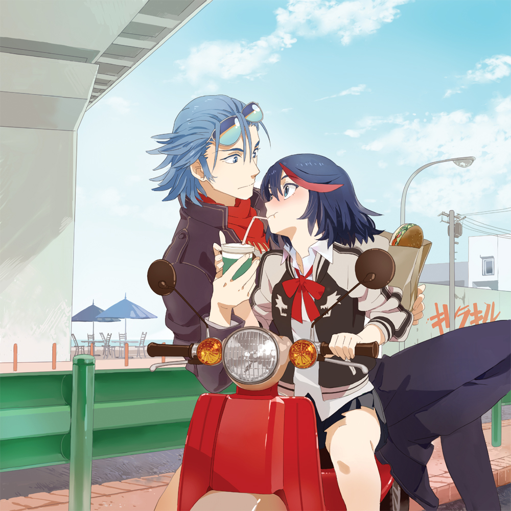 10s, 1boy, 1girl, bag, black_hair, blue_eyes, blue_hair, blush