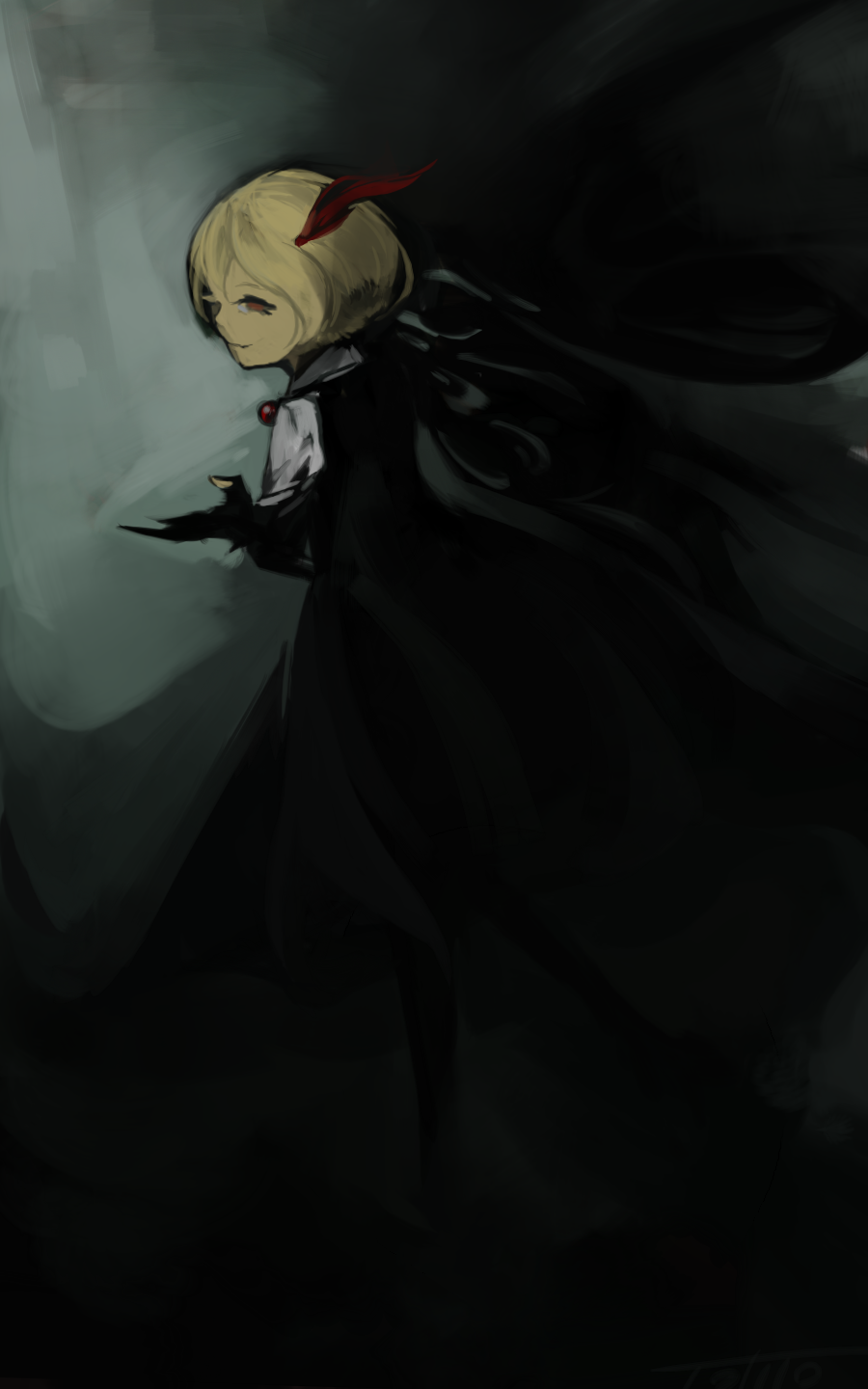 1girl, blonde_hair, dress, female_focus, gradient_background, hair_ornament, highres, red_eyes