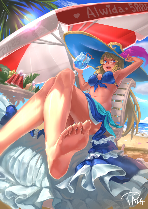 1girl, armpits, awilda_(p&amp;d), barefoot, beach, beach_umbrella, bikini, blonde_hair