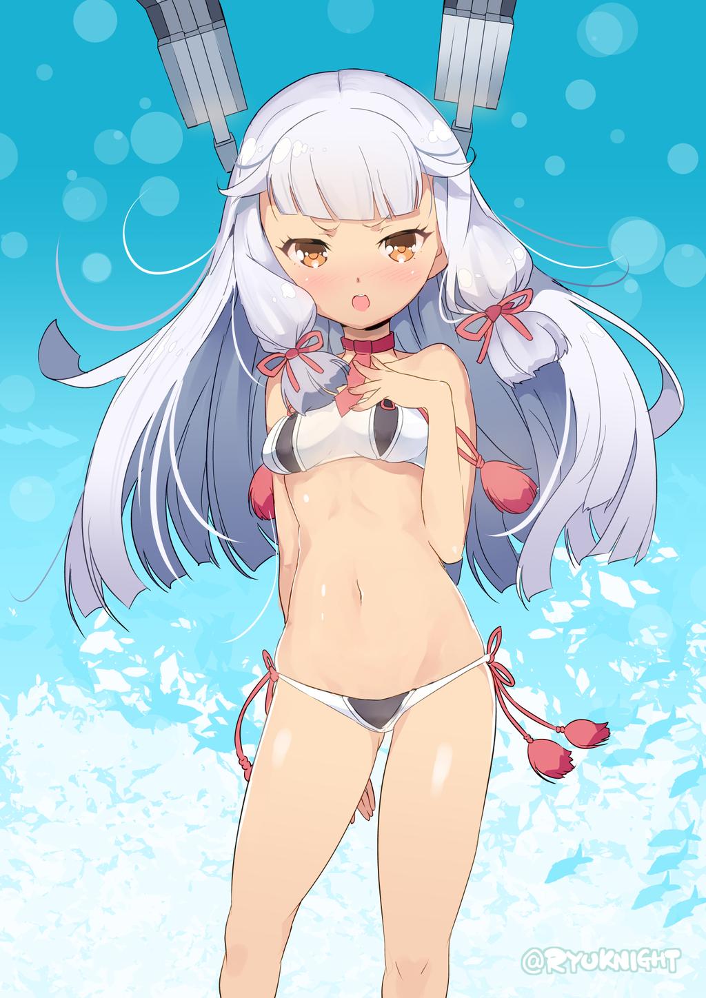 10s, 1girl, :o, arm_behind_back, bikini, blunt_bangs, blush, female_focus