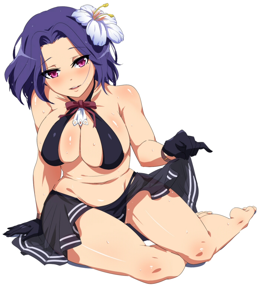 10s, 1girl, arm_support, bare_shoulders, barefoot, bikini, black_gloves, blush, breasts, cleavage, curvy, female_focus, flower, full_body, gloves, hair_flower, hair_ornament, halo, highres, holding_own_skirt, huge_breasts, kantai_collection, looking_at_viewer, magukappu, mechanical_halo, mole, mole_under_eye, navel, open_mouth, pink_eyes, purple_eyes, purple_hair, sarong, shiny_skin, short_hair, simple_background, sitting, skirt, smile, solo, stomach, sweat, swimsuit, tatsuta_(kancolle), tatsuta_(swimsuit)_(kancolle), white_background, wide_hips