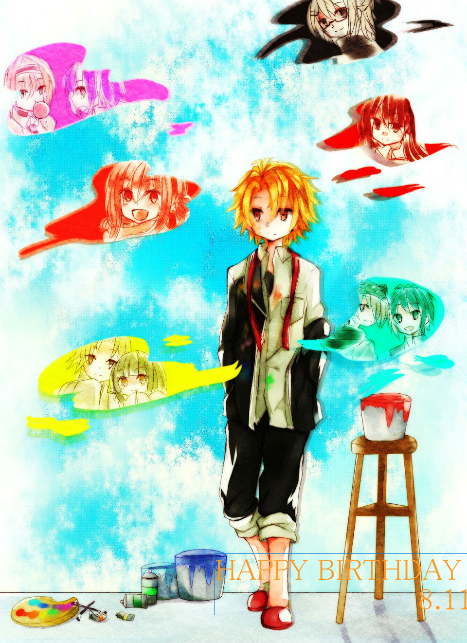 10s, 4girls, 5boys, :d, akama_yuto, animal_hat, art_brush, bimi_(mgk)