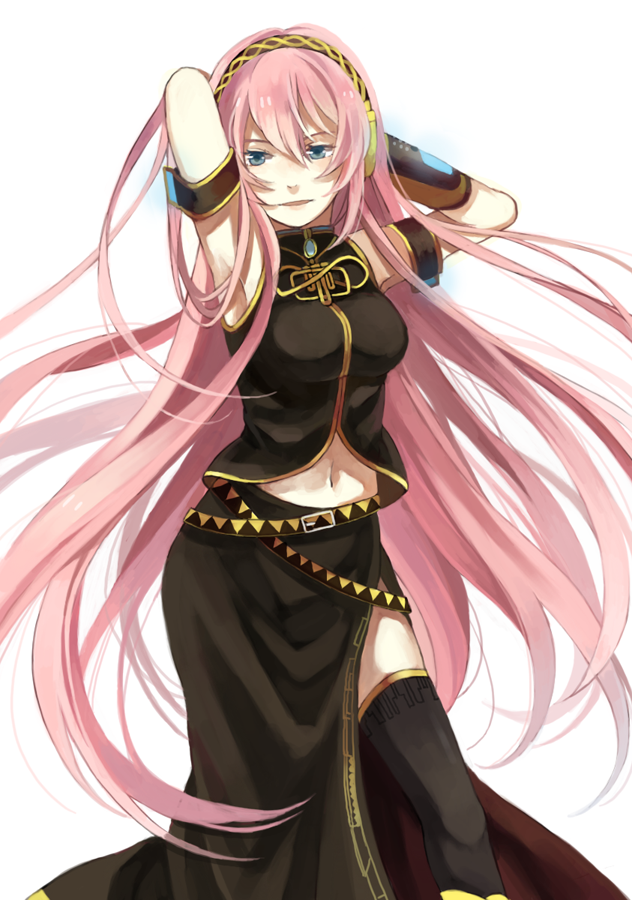 1girl, arms_behind_head, bingdu_3927, black_skirt, black_thighhighs, blue_eyes, breasts, detached_sleeves, female_focus, headphones, long_hair, long_skirt, medium_breasts, megurine_luka, navel, pink_hair, side_slit, simple_background, skirt, solo, thighhighs, very_long_hair, vocaloid