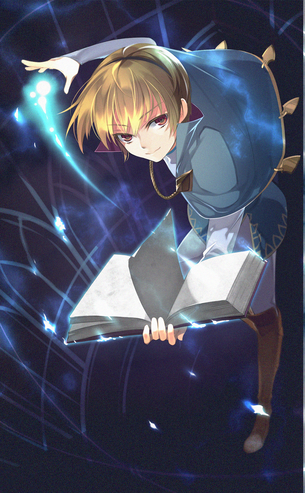 1boy, blonde_hair, book, boots, brown_boots, cape, fire_emblem, fire_emblem_fates