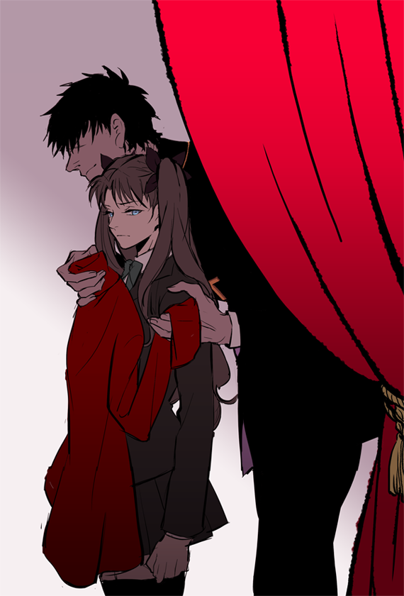 1boy, 1girl, bad_id, bad_pixiv_id, black_thighhighs, blouse, brown_hair, collared_shirt