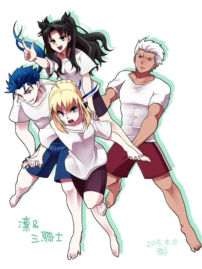 2boys, 2girls, archer_(fate), artoria_pendragon_(fate), bad_id, bad_pixiv_id, black_hair, blonde_hair, blue_hair, cu_chulainn_(fate), cu_chulainn_(lancer)_(fate), fate/stay_night, fate_(series), multiple_boys, multiple_girls, saber_(fate), simple_background, tenko_ex, tohsaka_rin, white_hair