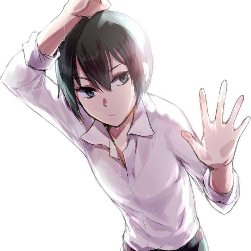 00s, 1girl, 3310suzuka, against_glass, androgynous, arm_over_head, dress_shirt, expressionless, female_focus, green_eyes, green_hair, hand_on_glass, kino_(kino_no_tabi), kino_no_tabi, light_frown, looking_to_the_side, matching_hair/eyes, reverse_trap, shirt, short_hair, simple_background, solo, sweat, tomboy, upper_body, white_background