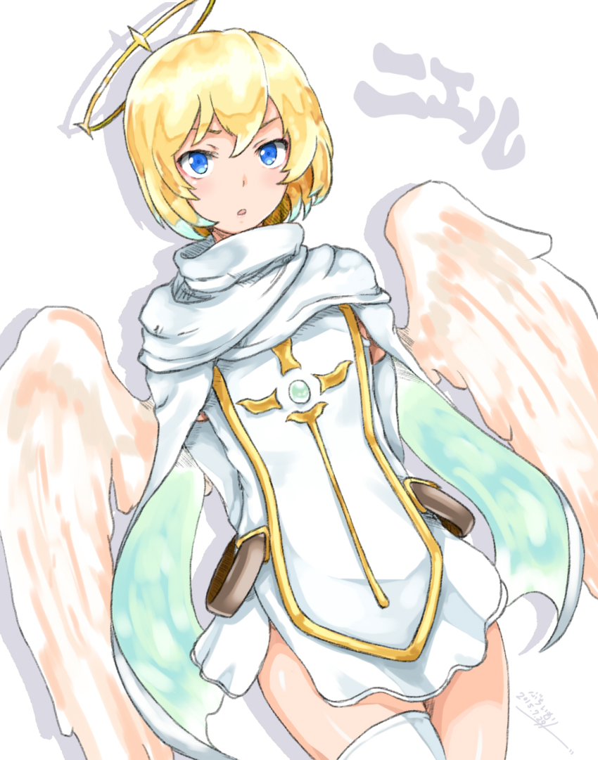 1girl, angel, angel_wings, arms_behind_back, bad_id, bad_pixiv_id, blonde_hair, blue_eyes