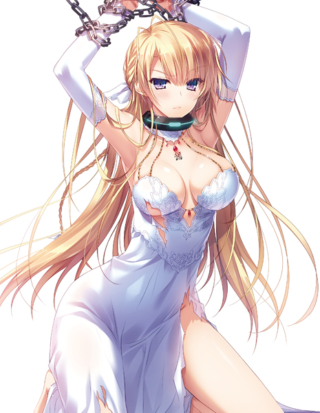 1girl, antenna_hair, arms_up, bdsm, blonde_hair, bondage, bound, bound_wrists, braid, breasts, chain, chained, cleavage, collar, detached_sleeves, dress, female_focus, jewelry, kirika_swallowtail, long_hair, pendant, purple_eyes, simple_background, slave, solo, tenkuu_kangoku_no_majutsu_garou, torn_clothes, torn_dress, very_long_hair, white_background, white_dress, yasaka_minato
