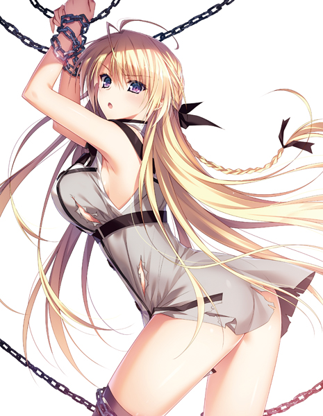 >:o, 1girl, :o, antenna_hair, ass, bdsm, blonde_hair, bondage