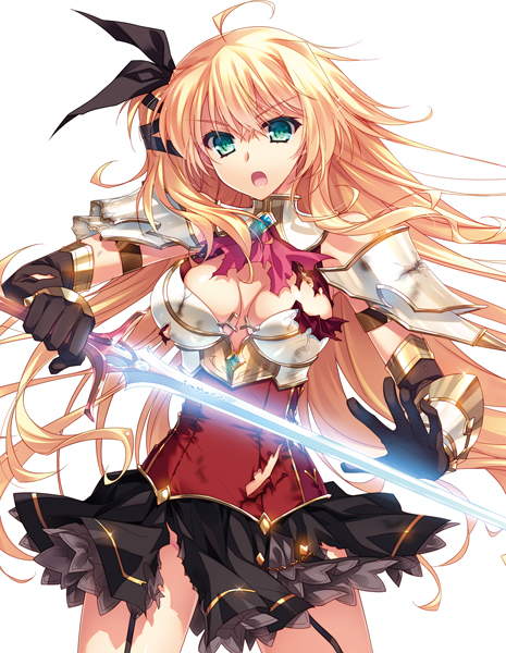 1girl, ahoge, armor, blonde_hair, breasts, cleavage, elbow_gloves, female_focus