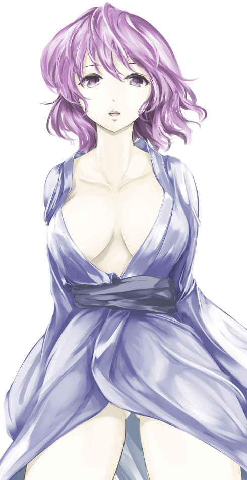 1girl, alternate_costume, alternate_eye_color, alternate_hair_color, arms_at_sides, breasts, cleavage, collarbone