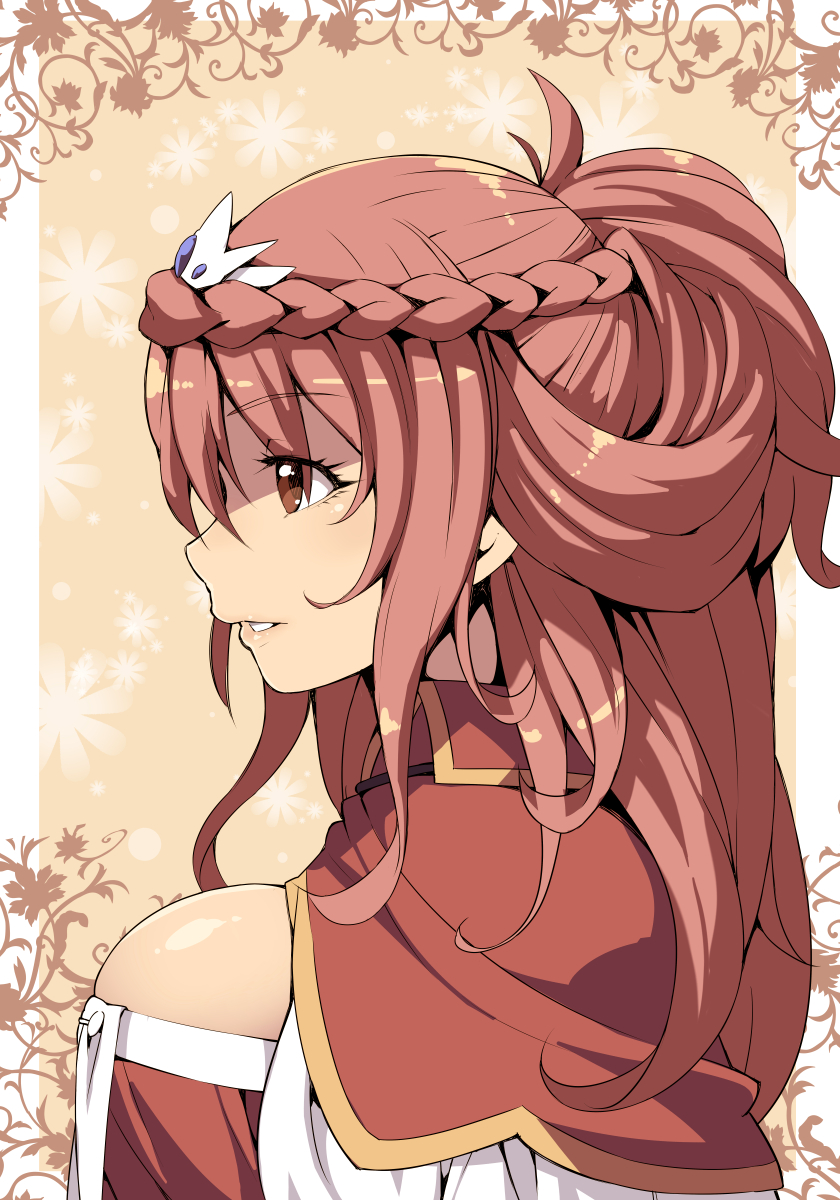 1girl, blush, braid, breasts, circlet, claudia_(sennen_sensou_aigis), crown_braid, eyelashes, female_focus, from_side, highres, large_breasts, long_hair, looking_away, parted_lips, pink_hair, profile, red_eyes, sennen_sensou_aigis, simple_background, smile, solo, tasaka_shinnosuke, tiara, upper_body