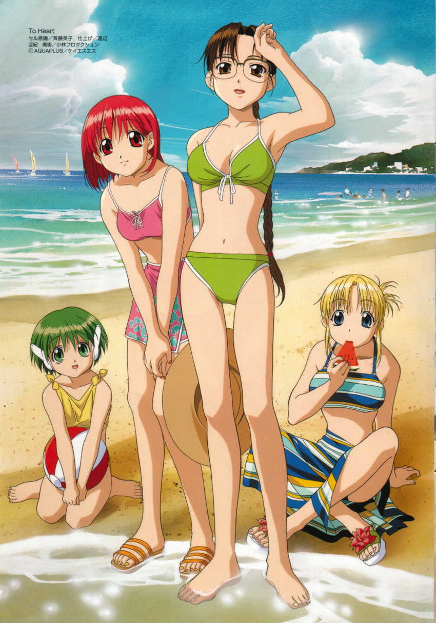 4girls, arm_behind_back, armpits, ball, barefoot, beach, bikini, blonde_hair